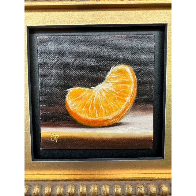 21st Century Orange Slice Oil on Board Gilt Wood Framed Painting Yellow Black Gold Handmade Signed Still Life Fruit For Sale - Image 12 of 13