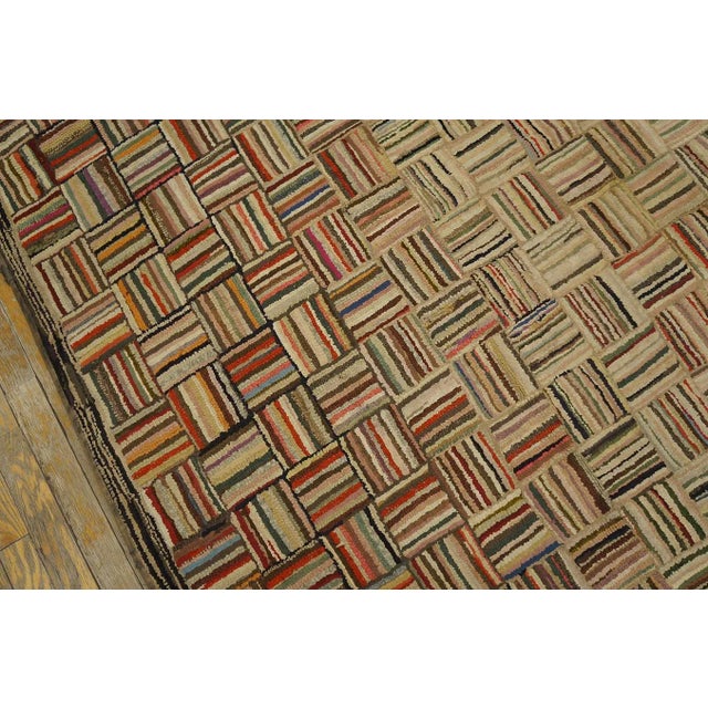 1890s Multi Brown Geometric Antique American Hooked Rug 4'3" X5'9" Woven Wool Carpet For Sale - Image 12 of 14