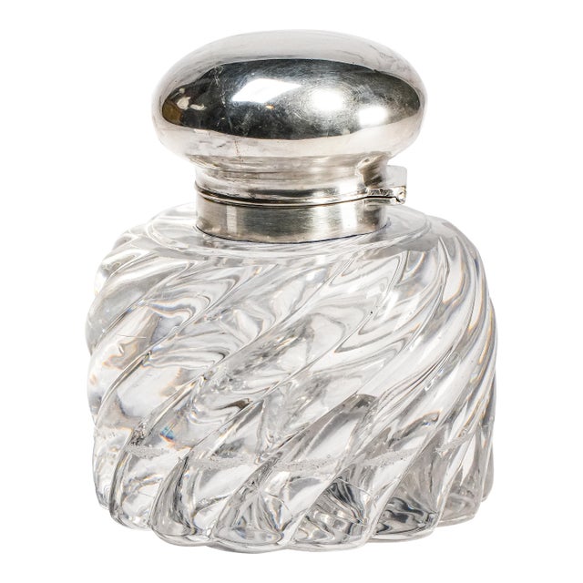 Elegant Solid Crystal Swirl Antique English Sterling Silver Paperweight Inkwell Desk Home Decor For Sale
