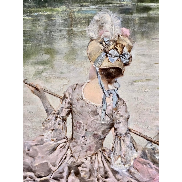Dark Pink Leon Moran—Elegant Figures Fishing on the Water-19th-Century American Romantic Oil Painting For Sale - Image 8 of 14