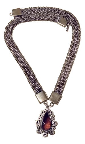 19.5" Ladies Heavy & Wide Sterling Silver Necklace With Large Dangling Baltic Amber Centerpiece.