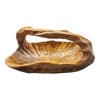 Vintage Primitive Burl Wood Basket Bowl Handled Hand Carved Rustic For Sale