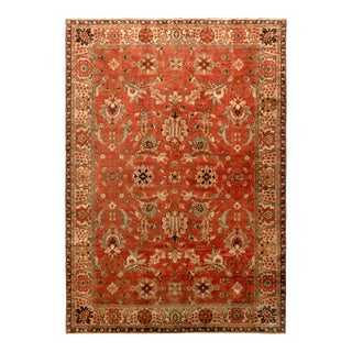 Hand-Knotted Antique Oushak Rug in Beige-Brown and Red Medallion Pattern For Sale