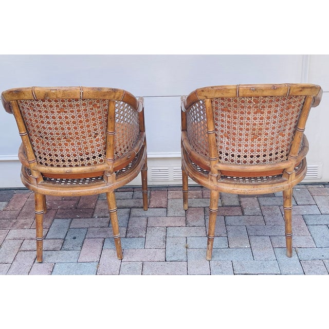 Vintage Faux Bamboo Caned Barrel Armchairs Pair McGuire Style For Sale - Image 4 of 5