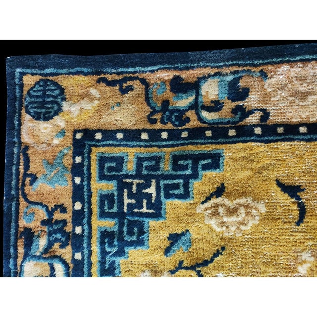 Antique Square Mid 19th Century Wool Pile Chinese Ningxia Yellow Scatter Rug For Sale - Image 4 of 8
