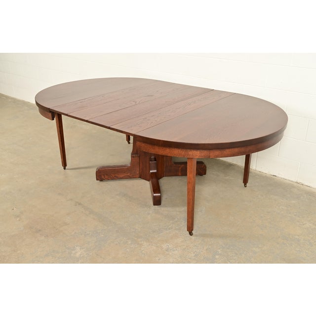 Brown Gustav Stickley Style Antique Mission Oak Arts & Crafts Pedestal Extension Dining Table, Newly Refinished For Sale - Image 8 of 12