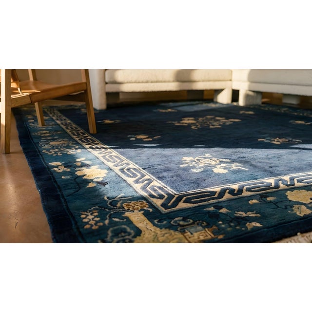 1920s Blue Navy Vase Floral Antique Chinese Peking Carpet 9'3" X 11'9" Knotted Wool Rug For Sale - Image 17 of 18