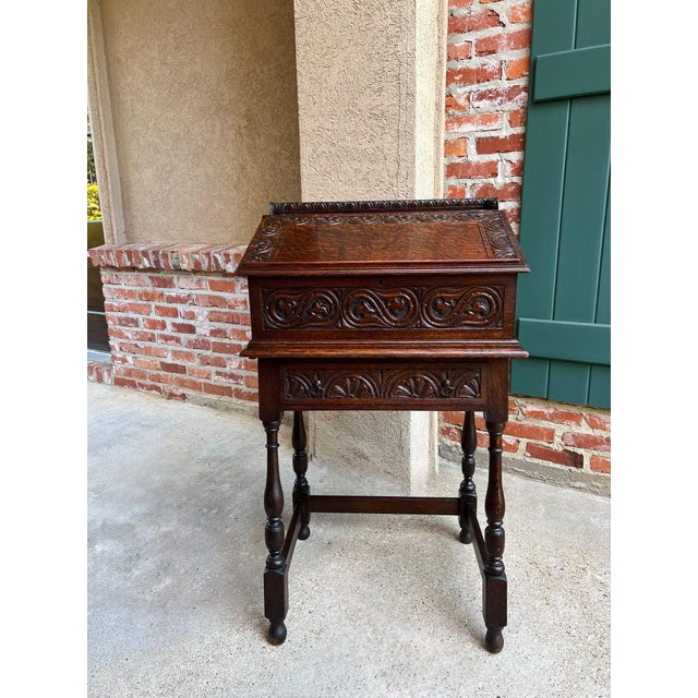 English Antique English Slant Front Desk Display Stand Jacobean Carved Tiger Oak Lectern For Sale - Image 3 of 18
