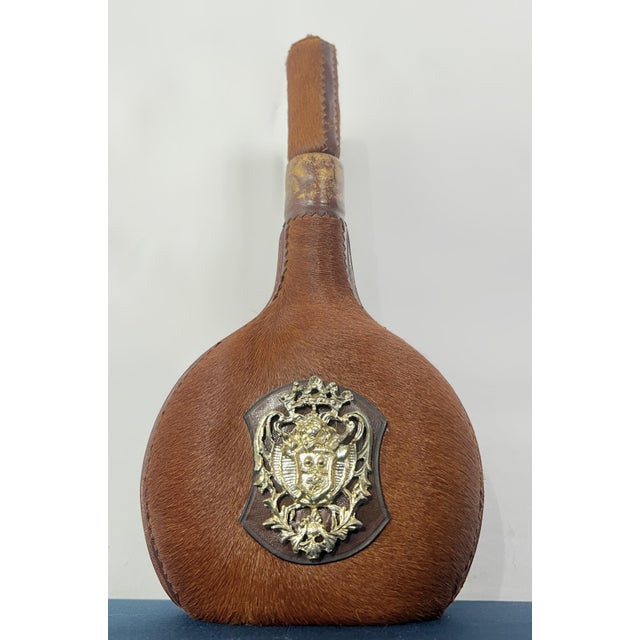 Gothic Vintage Hollywood Regency Italian Hair-on-Hide Decorative Decanter With Heraldic Brass Crest For Sale - Image 3 of 7