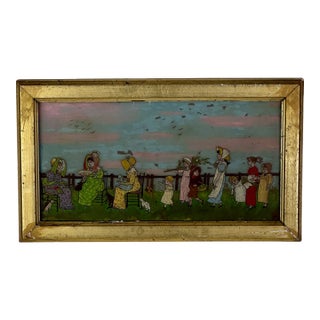 Antique Glass Painting of Nursery-Rhyme Like Theme With Children & Adults Outside For Sale