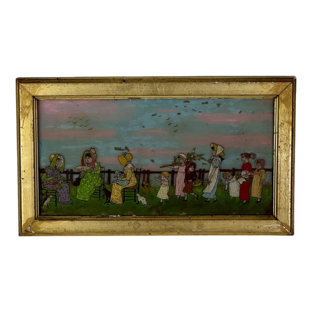 Antique Glass Painting of Nursery-Rhyme Like Theme With Children & Adults Outside For Sale