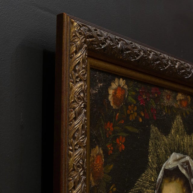 Textile Madonna & Child, Peru, Oil on Canvas Painting Pre 1970 For Sale - Image 7 of 9