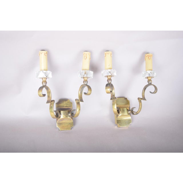 Scrolled Brass Wall Sconces with Crystal Bobeches attributed to Jules Leleu, 1950s, Set of 2 For Sale - Image 3 of 11