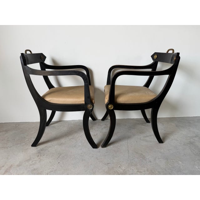 Pair of John Gee Style Hollywood Regency Ebonized Armchairs With Brass Accents For Sale - Image 4 of 12