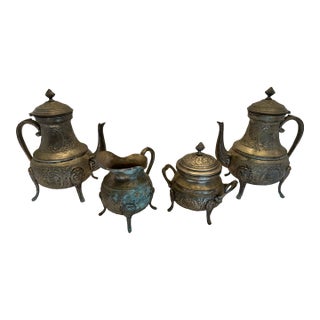 Ornate Antique Middle Eastern Silver Plated 4-Piece Tea & Coffee Service Set For Sale