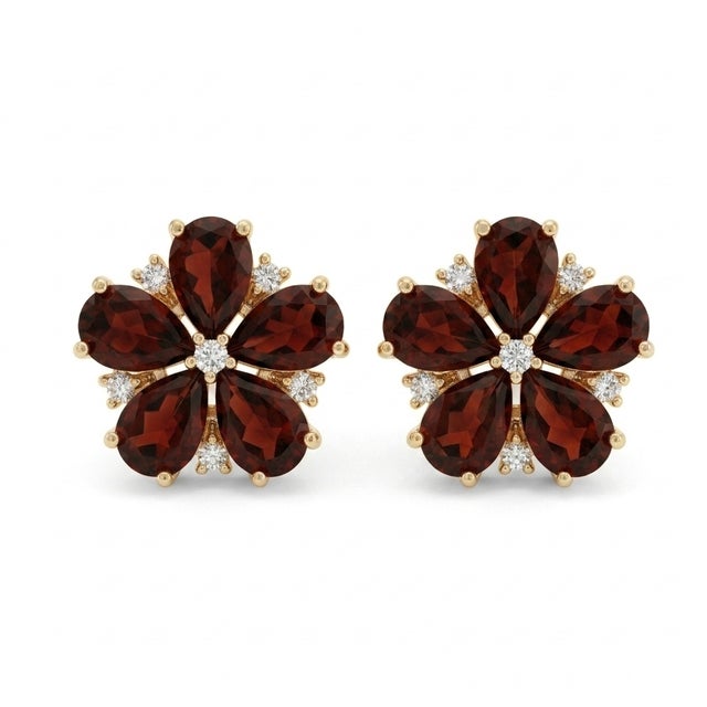 Garnet Flower Stud Earrings • Pear Cut Red Gemstone Earrings - A Pair For Sale - Image 4 of 5