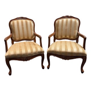 A Pair of Accent Chairs With Gold Colored Striped Upholstery For Sale