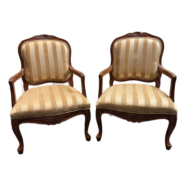 A Pair of Accent Chairs With Gold Colored Striped Upholstery For Sale