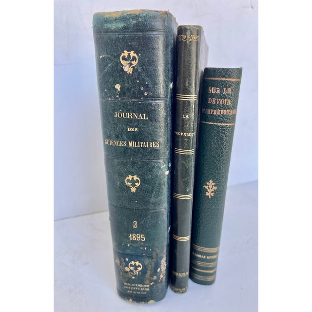 Antique French Green Leather Bound Books - Set of 3 For Sale - Image 4 of 13