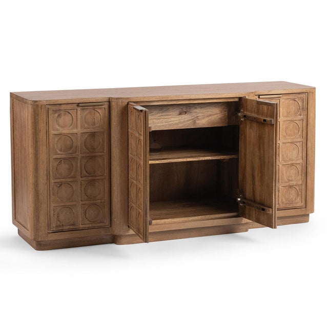 Mid-Century Modern Circle Grid Carved Wood Sideboard For Sale - Image 3 of 8