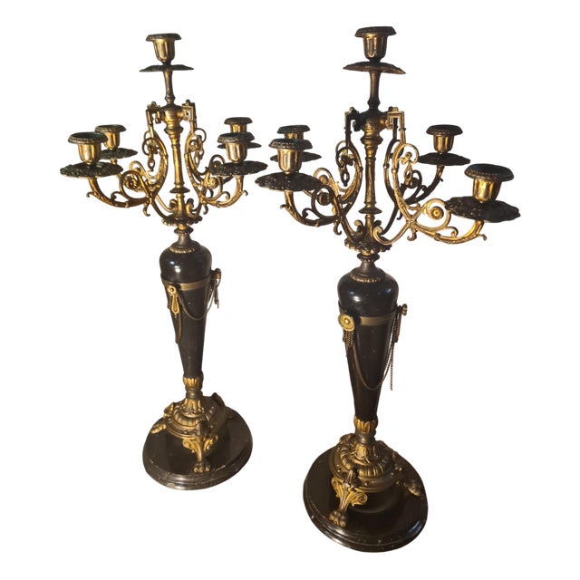 Gilded Bronze and Marble Candelabras, France, 1880, Set of 2 For Sale