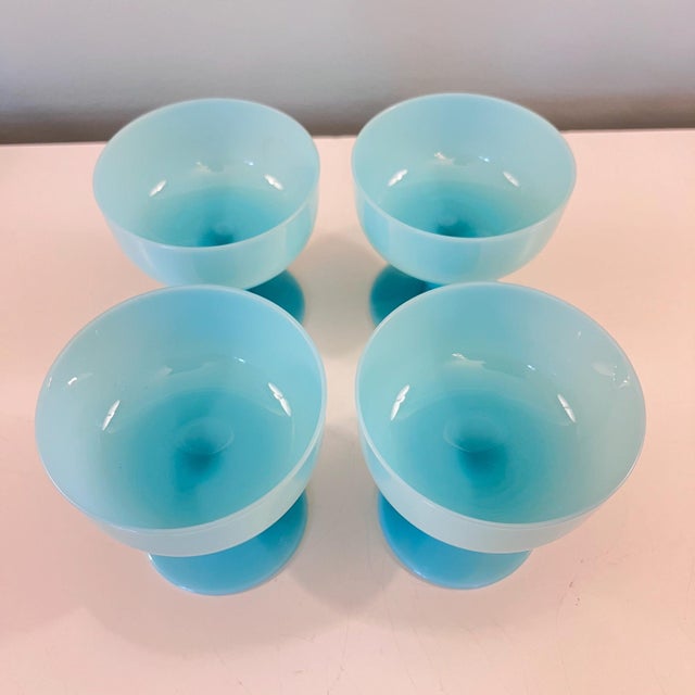 This is a beautiful set 4 of blue French opaline champagne coupe glasses; they are in mint condition, all are all free of...