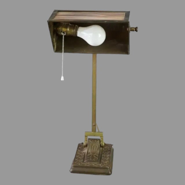 Metal Antique Arts & Crafts Brass & Slag Glass Bankers Desk Table Lamp For Sale - Image 7 of 11