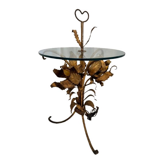 Hollywood Regency Gilded Metal and Glass Flower Base Side Table by Hans Kogl For Sale