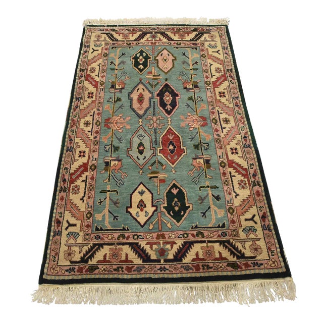 Heriz Rug 3’10” X 6’3” Blue Wool Vintage Tribal Hand-Knotted Oriental Carpet For Sale