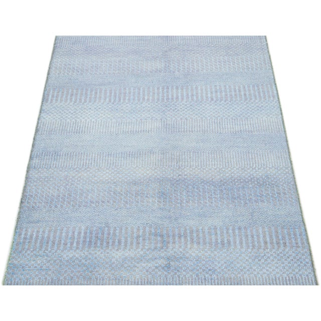 Contemporary 2020s Light Blue Modern Savannah Wool Runner Handmade With Subtle Geometric Pattern For Sale - Image 3 of 7