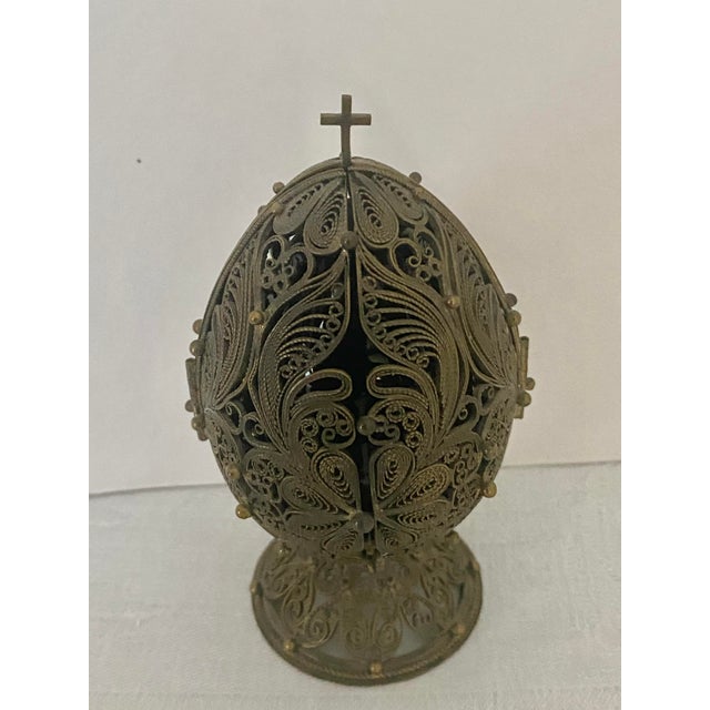Vintage Fedoskino Russian Triptych Brass Filigree With Lacquer Egg Shape With Father Frost and the Snow Maiden Signed M. Izotova. For Sale - Image 15 of 15