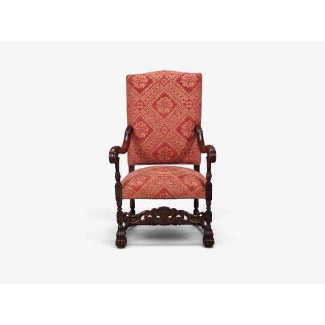 Wood Baroque Style, Large Armchairs, Carved Wood, Red Damask, England, 1920s For Sale - Image 7 of 16