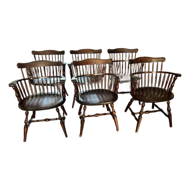 Set of 6 Vintage Bent Brothers Solid Maple Sack-Back Windsor Captain's Dining Chairs, Circa 1940s For Sale