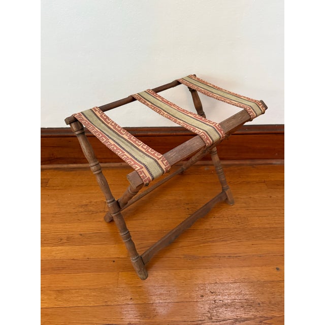 Mid 20th Century Vintage Turned Wood Folding Luggage Rack With Greek Key Tapestry Straps For Sale - Image 5 of 9