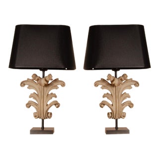 Vintage French Country Taupe Table Lamps Carved Wood Acanthus Leaf Tariff Free Delivery - A Pair For Sale