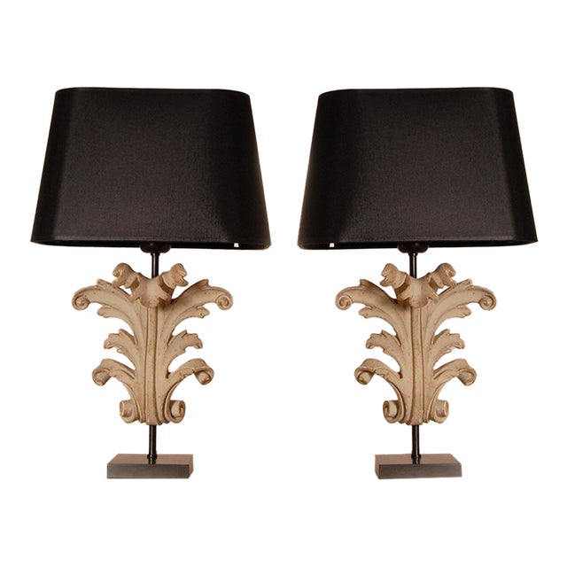 Vintage Table Lamps French Country Taupe Carved Wood Acanthus Leaf Tariff Free Delivery - A Pair For Sale