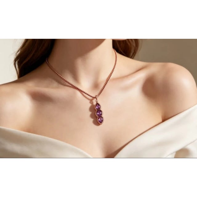 Stunning 14K Rose Pink Gold Amethyst Diamond Drop Pendant Necklace This gorgeous pendant necklace features: Amethysts: Two...