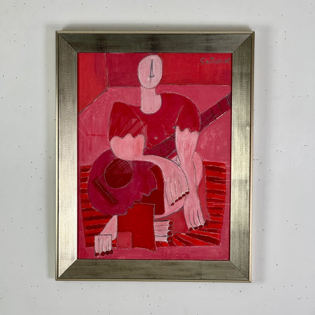 One of our star finds of 2026; an original signed oil on board painting of woman with guitar. The cubist execution is...