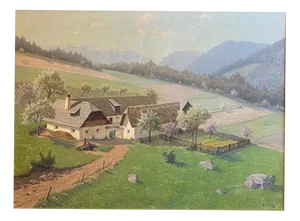Hans Stalzer, Rural Landscape, Oil on Canvas, Framed