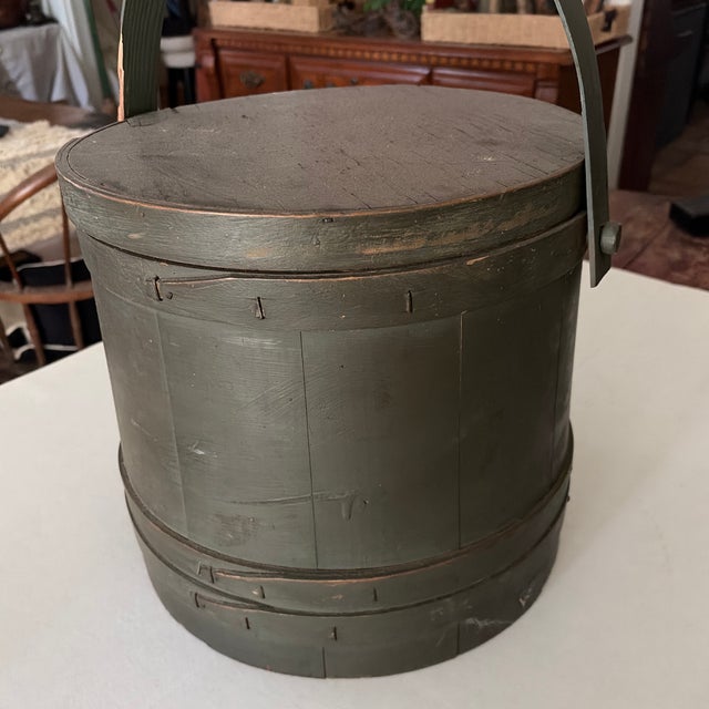 American Muted Green Antique Firkin Storage Box W/Lid For Sale - Image 3 of 10