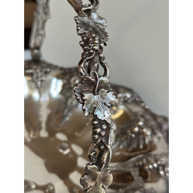 Vintage 11" Extra Silver Plated Bride's Basket With Swing Handle Grapes Motif For Sale - Image 9 of 18