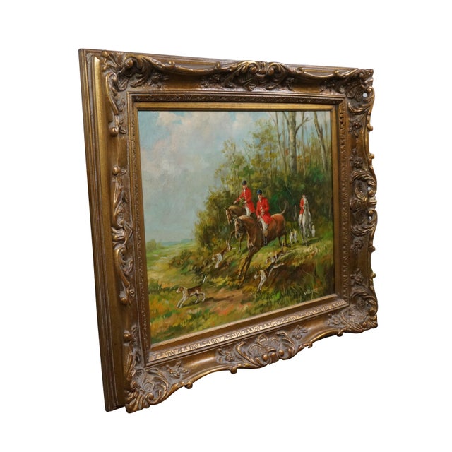 Realism Antique Axel W. Larsen British Equestrian Fox Hunt Landscape Oil Painting 32" For Sale - Image 3 of 12