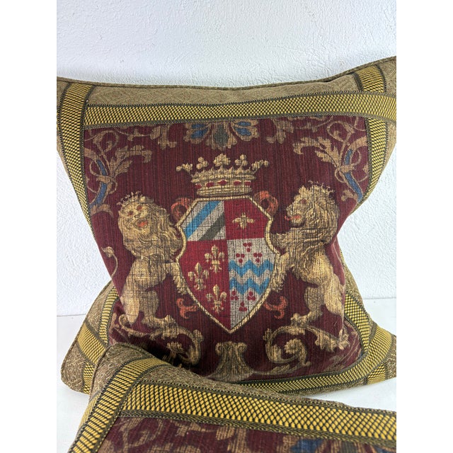 Handsome Coat of Arms Banded Cotton Print Pillows/a Pair For Sale - Image 4 of 10