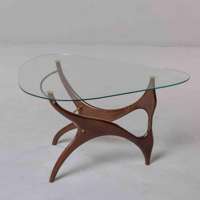 Italian Mid-Century Sculptural Walnut and Brass Cocktail Table With Triangular Glass Top For Sale - Image 9 of 11