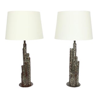 Marcello Fantoni Brutalist Torch Cut Iron "Skyscraper" Table Lamps - A Pair For Sale