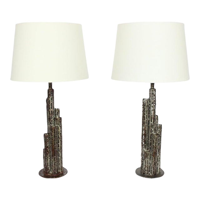 Marcello Fantoni Brutalist Torch Cut Iron "Skyscraper" Table Lamps - A Pair For Sale