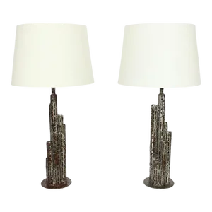 Marcello Fantoni Brutalist Torch Cut Iron "Skyscraper" Table Lamps - A Pair