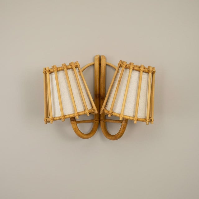 Double Rattan Wall Sconce Handcrafted Pencil Reed Artisan Lighting For Sale - Image 4 of 6