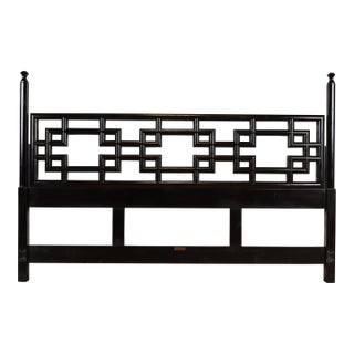 John Widdicomb Mid-Century Hollywood Regency Chinoiserie Black Lacquered King Size Headboard, 1950s For Sale