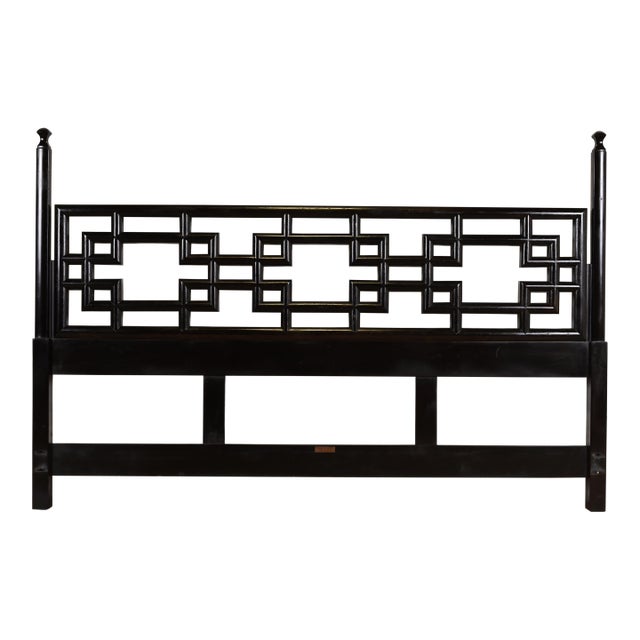 John Widdicomb Mid-Century Hollywood Regency Chinoiserie Black Lacquered King Size Headboard, 1950s For Sale